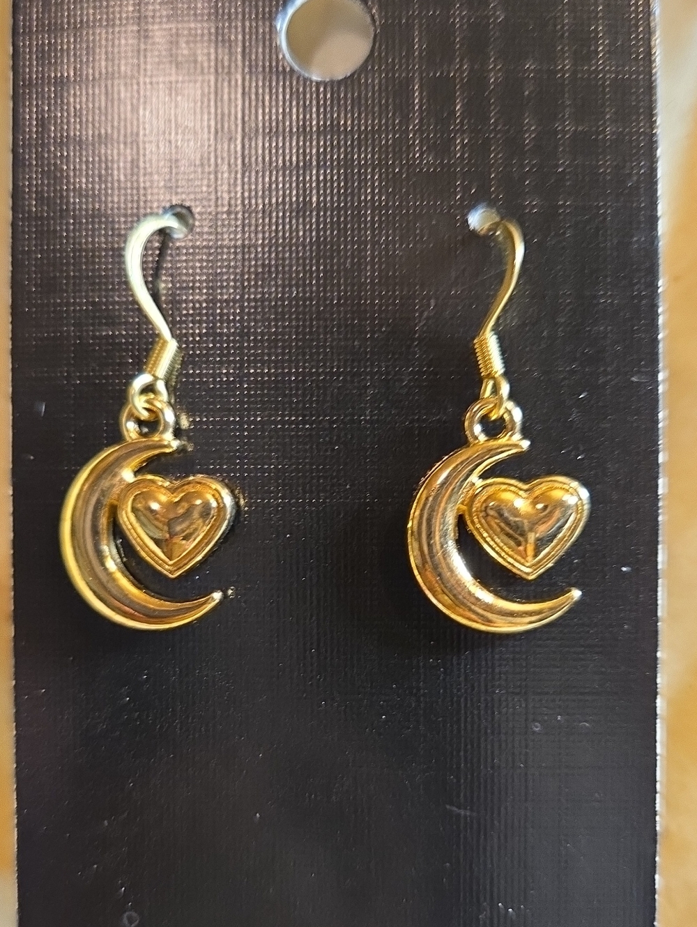 Gold Crescent Moon and Heart Drop Earrings - Women Jewelry